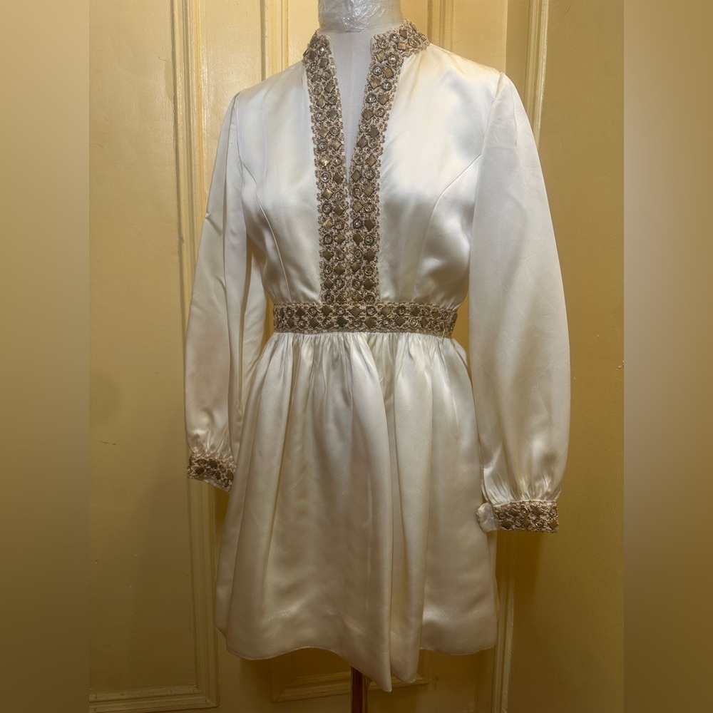 Vintage 60’s Lord & Taylor Formal Cream White Satin Embellished Dress